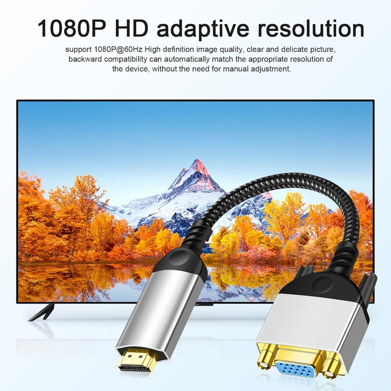PASOW HDMI to VGA Adapter Cable 8 inch Uni-Directional Only,Gold-Plated 1080p@60Hz HDMI Male to VGA Female Braided Cord for PC,Laptop,Monitor,HDTV, Roku, Xbox, PS5 - Image 3